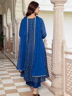 Janasya Women's Blue Brocade Woven Design Festive Anarkali Kurta Set | Grocsy