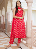 Janasya Women's Red Brocade Woven Design Festive Straight Kurta Set | Grocsy