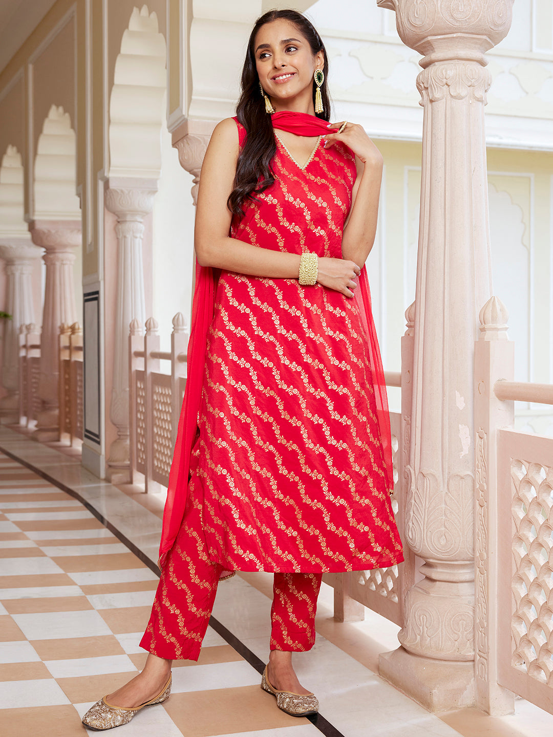 Janasya Women's Red Brocade Woven Design Festive Straight Kurta Set | Grocsy