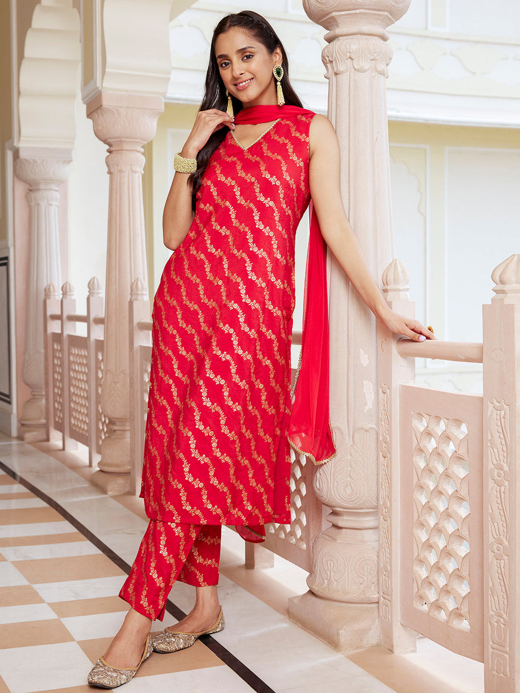 Janasya Women's Red Brocade Woven Design Festive Straight Kurta Set | Grocsy