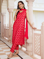 Janasya Women's Red Brocade Woven Design Festive Straight Kurta Set | Grocsy