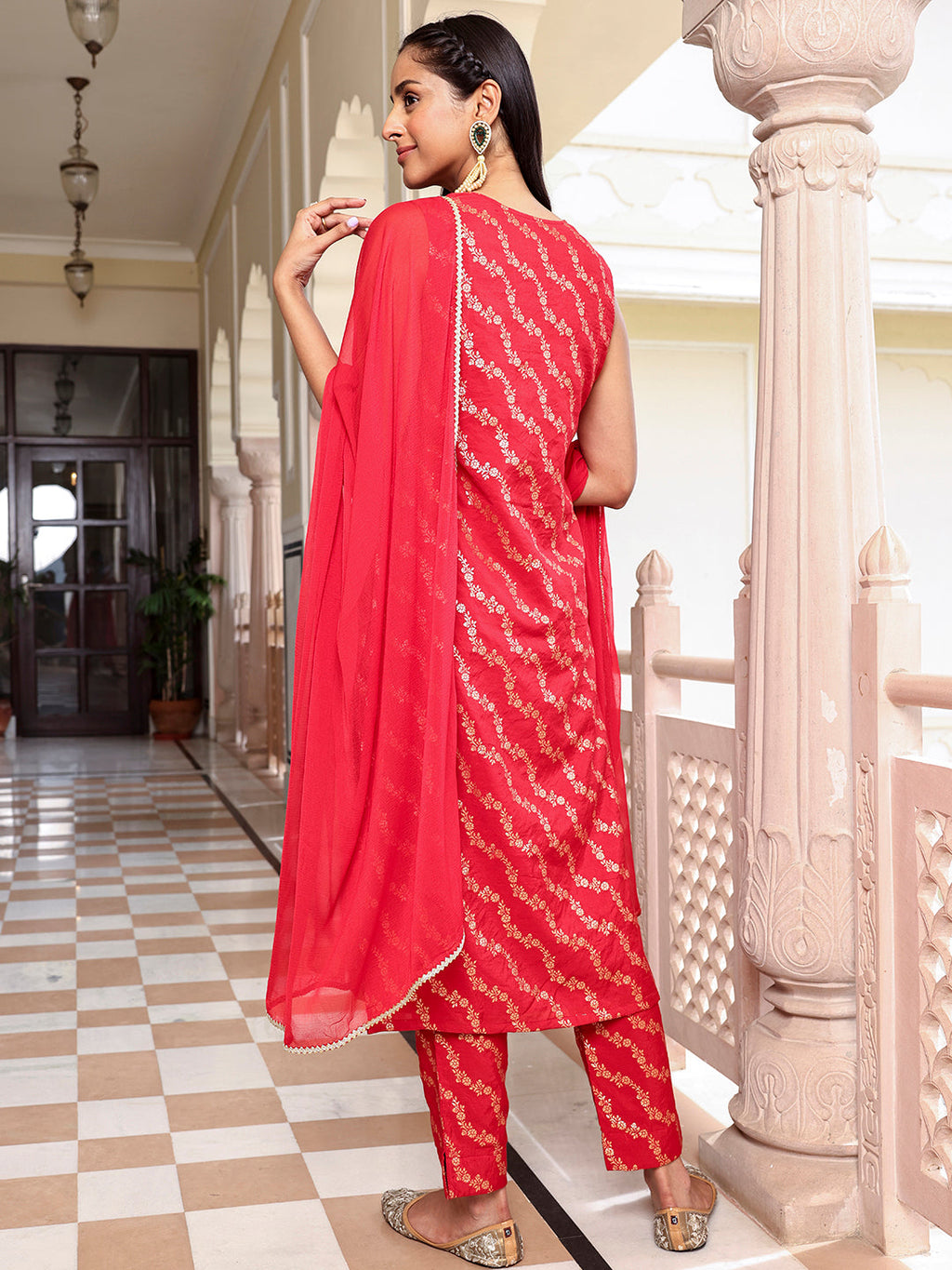 Janasya Women's Red Brocade Woven Design Festive Straight Kurta Set | Grocsy