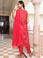 Janasya Women's Red Brocade Woven Design Festive Straight Kurta Set | Grocsy