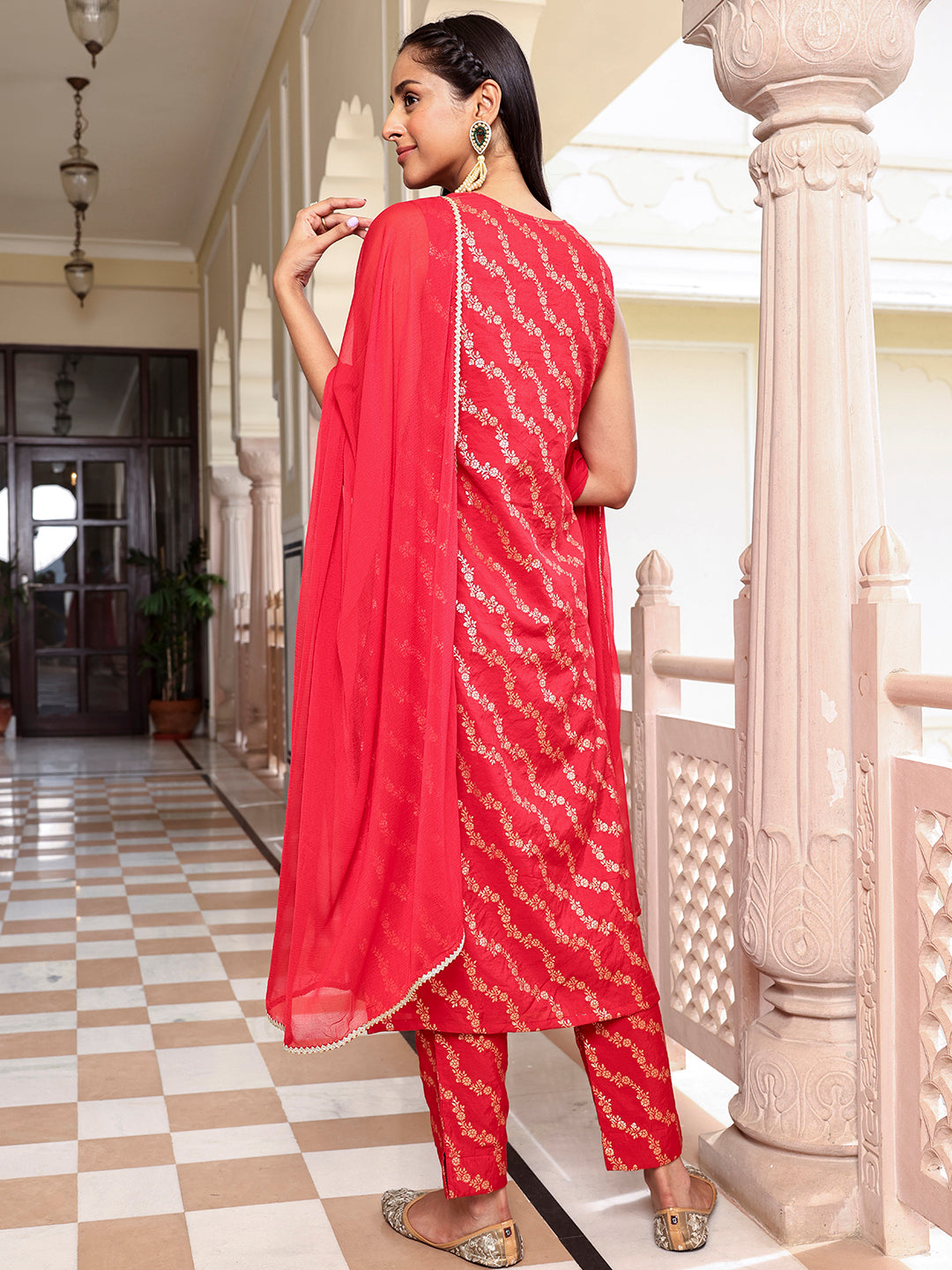Janasya Women's Red Brocade Woven Design Festive Straight Kurta Set | Grocsy