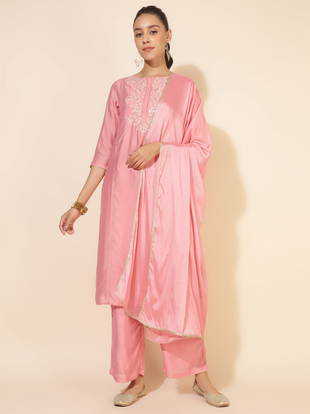 Janasya Pink Chanderi Embellished Set | Grocsy