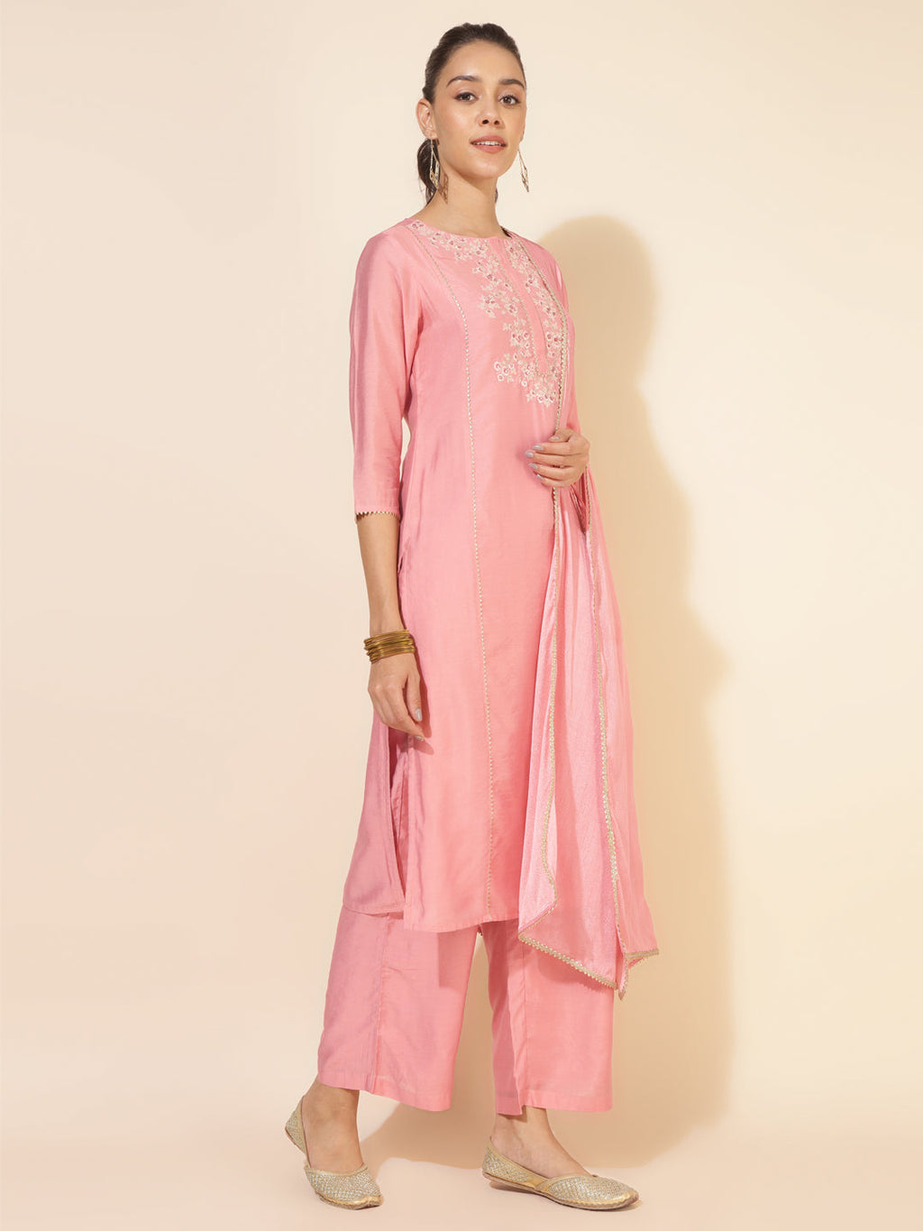 Janasya Pink Chanderi Embellished Set | Grocsy