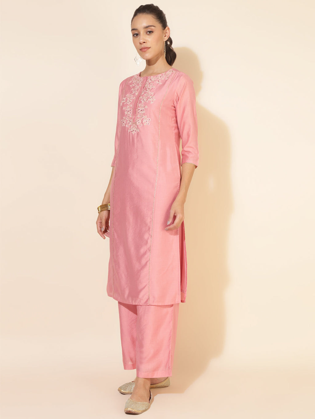 Janasya Pink Chanderi Embellished Set | Grocsy