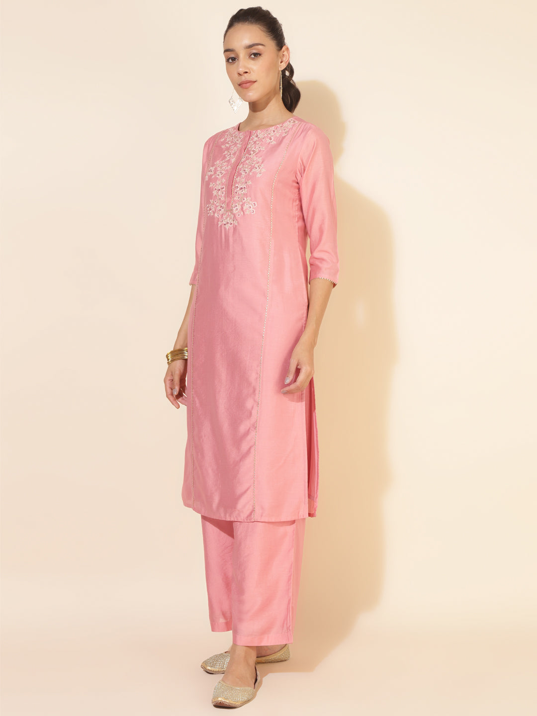 Janasya Pink Chanderi Embellished Set | Grocsy