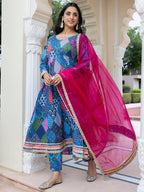 Janasya Women's Blue Cotton Ethnic Printed Festive Anarkali Kurta Set | Grocsy