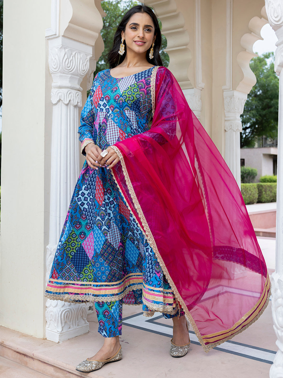 Janasya Women's Blue Cotton Ethnic Printed Festive Anarkali Kurta Set | Grocsy