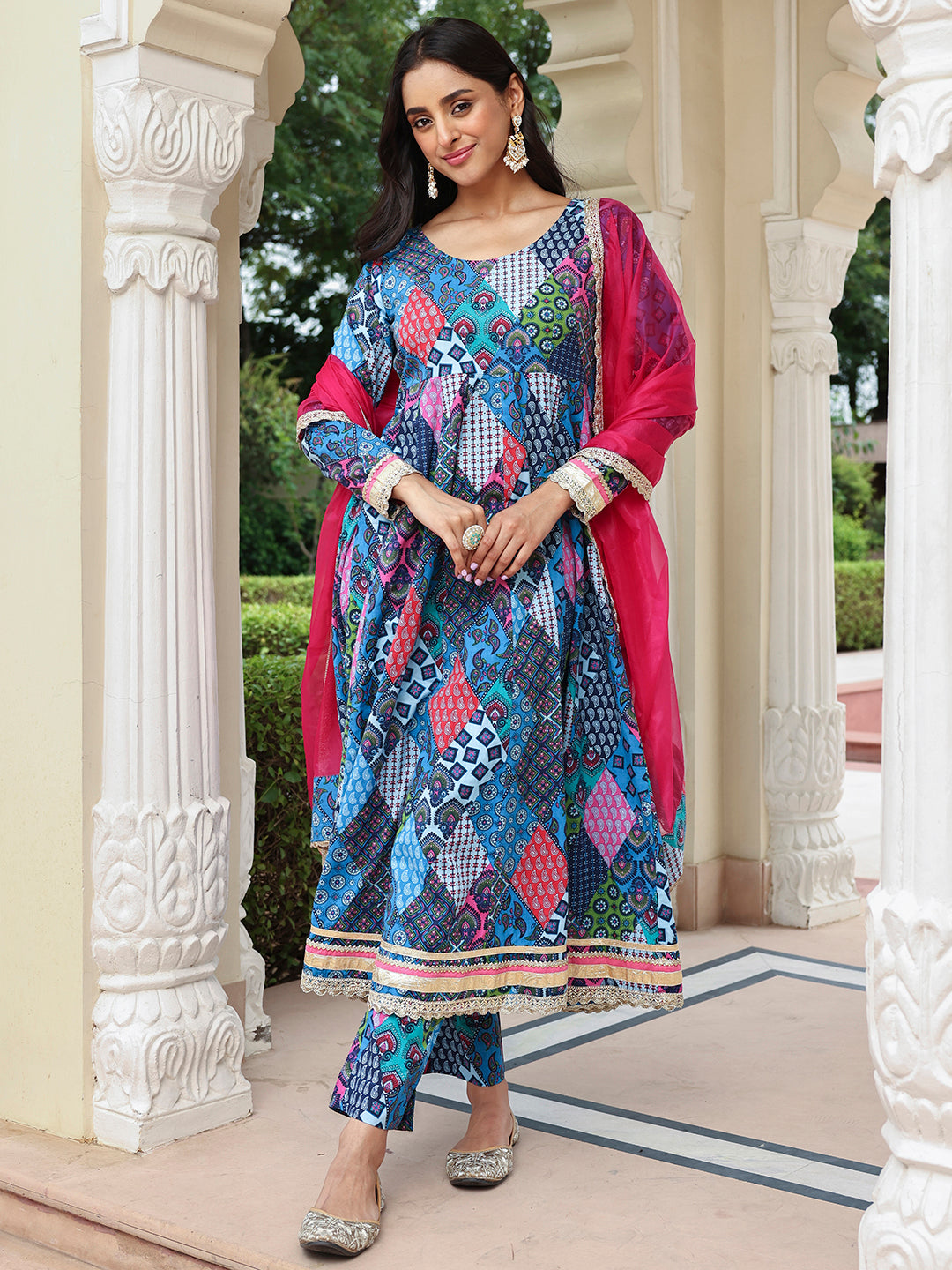 Janasya Women's Blue Cotton Ethnic Printed Festive Anarkali Kurta Set | Grocsy
