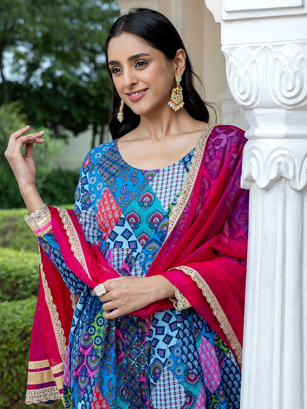 Janasya Women's Blue Cotton Ethnic Printed Festive Anarkali Kurta Set | Grocsy