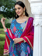Janasya Women's Blue Cotton Ethnic Printed Festive Anarkali Kurta Set | Grocsy