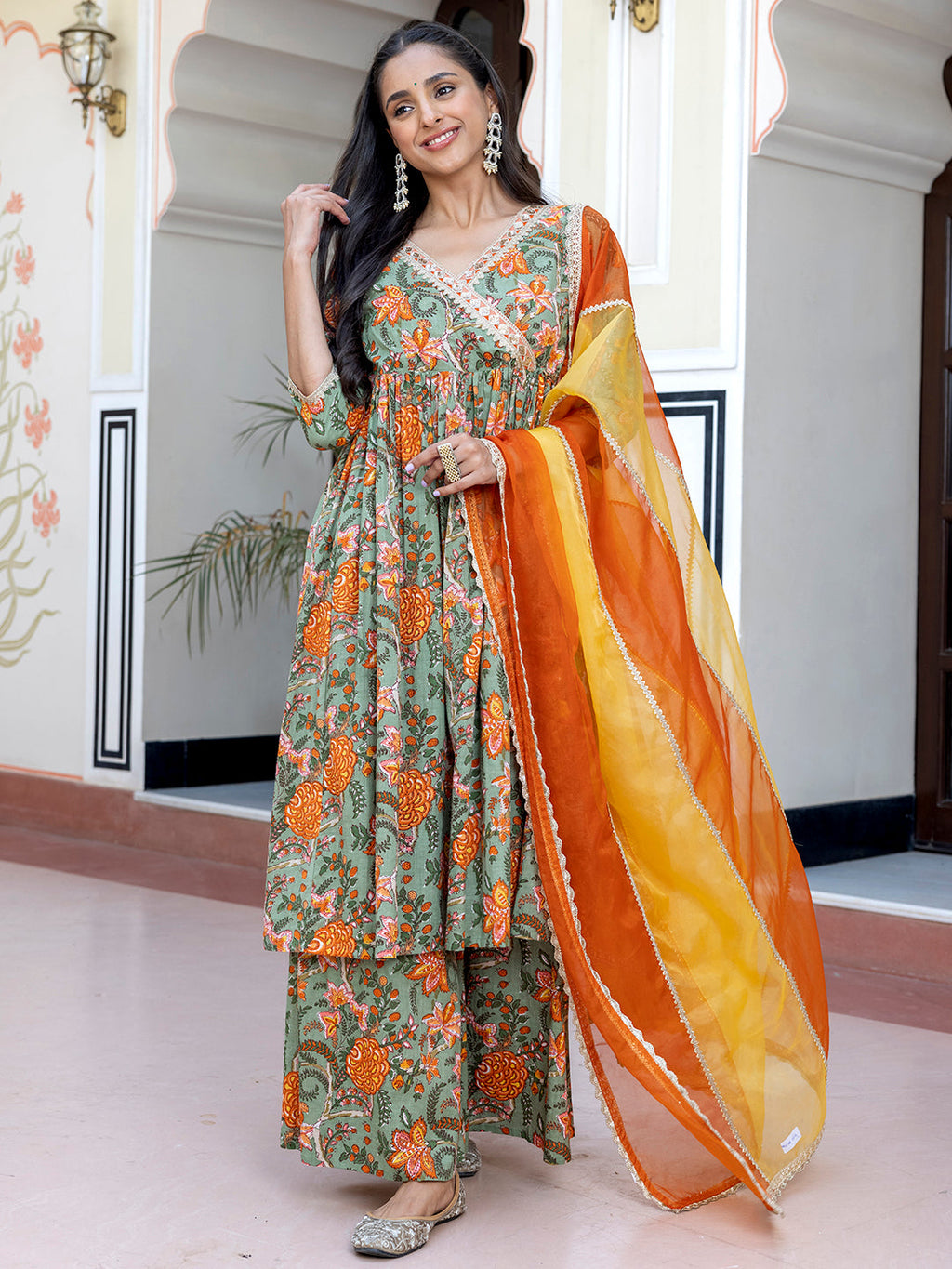 Janasya Women's Green Cotton Embellished Ethnic Printed Festive Flared Kurta Set | Grocsy