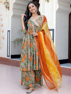 Janasya Women's Green Cotton Embellished Ethnic Printed Festive Flared Kurta Set | Grocsy