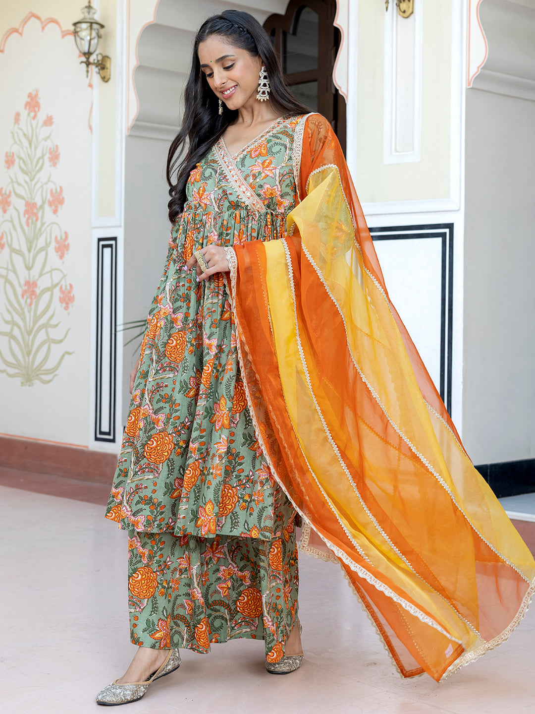 Janasya Women's Green Cotton Embellished Ethnic Printed Festive Flared Kurta Set | Grocsy