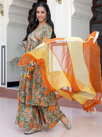 Janasya Women's Green Cotton Embellished Ethnic Printed Festive Flared Kurta Set | Grocsy