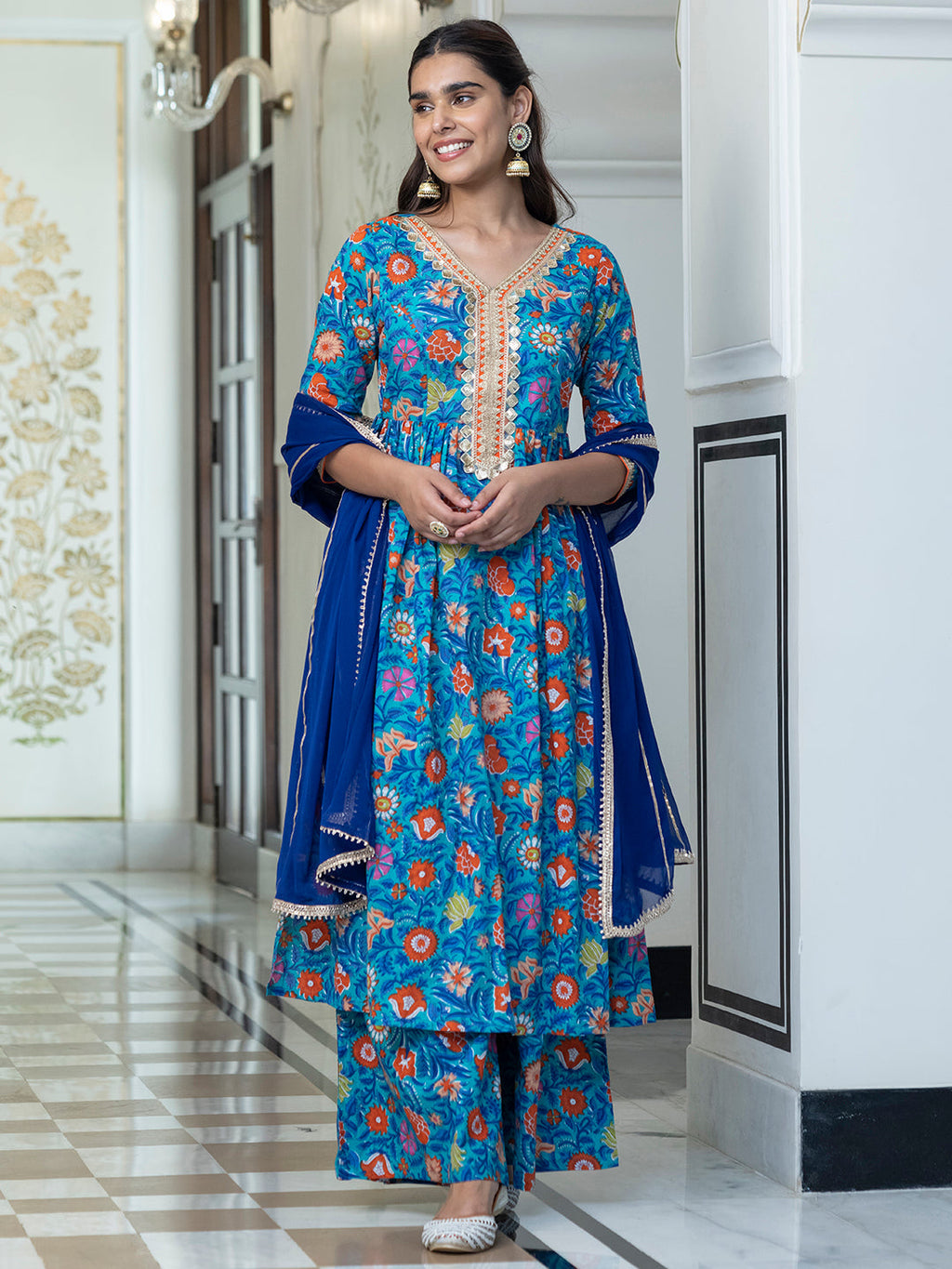 Janasya Women's Sky blue Cotton Embellished Ethnic Printed Festive Flared Kurta Set | Grocsy