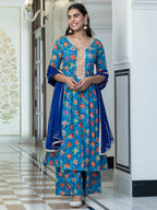 Janasya Women's Sky blue Cotton Embellished Ethnic Printed Festive Flared Kurta Set | Grocsy