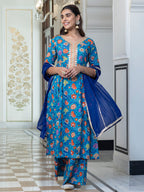 Janasya Women's Sky blue Cotton Embellished Ethnic Printed Festive Flared Kurta Set | Grocsy