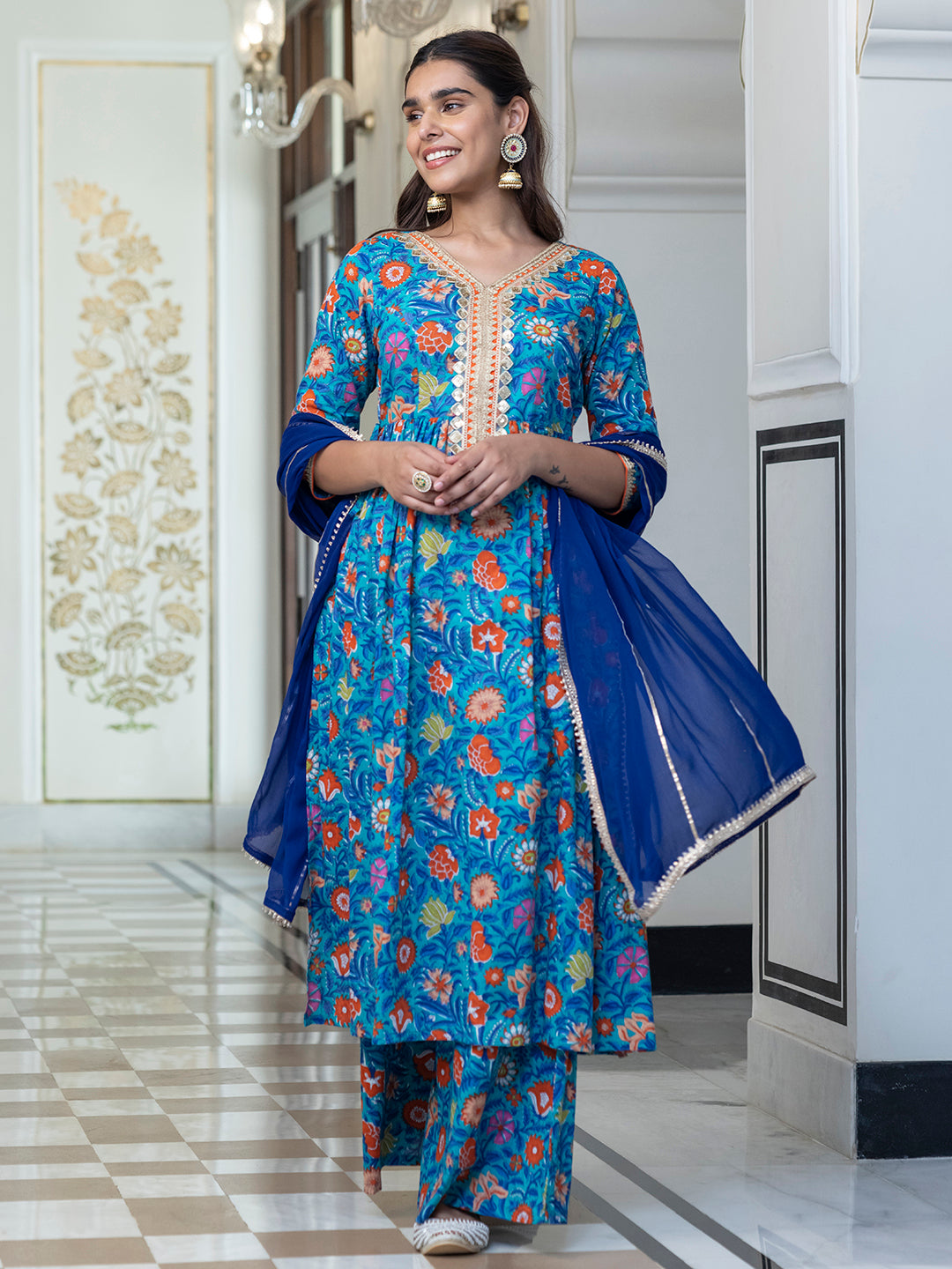 Janasya Women's Sky blue Cotton Embellished Ethnic Printed Festive Flared Kurta Set | Grocsy