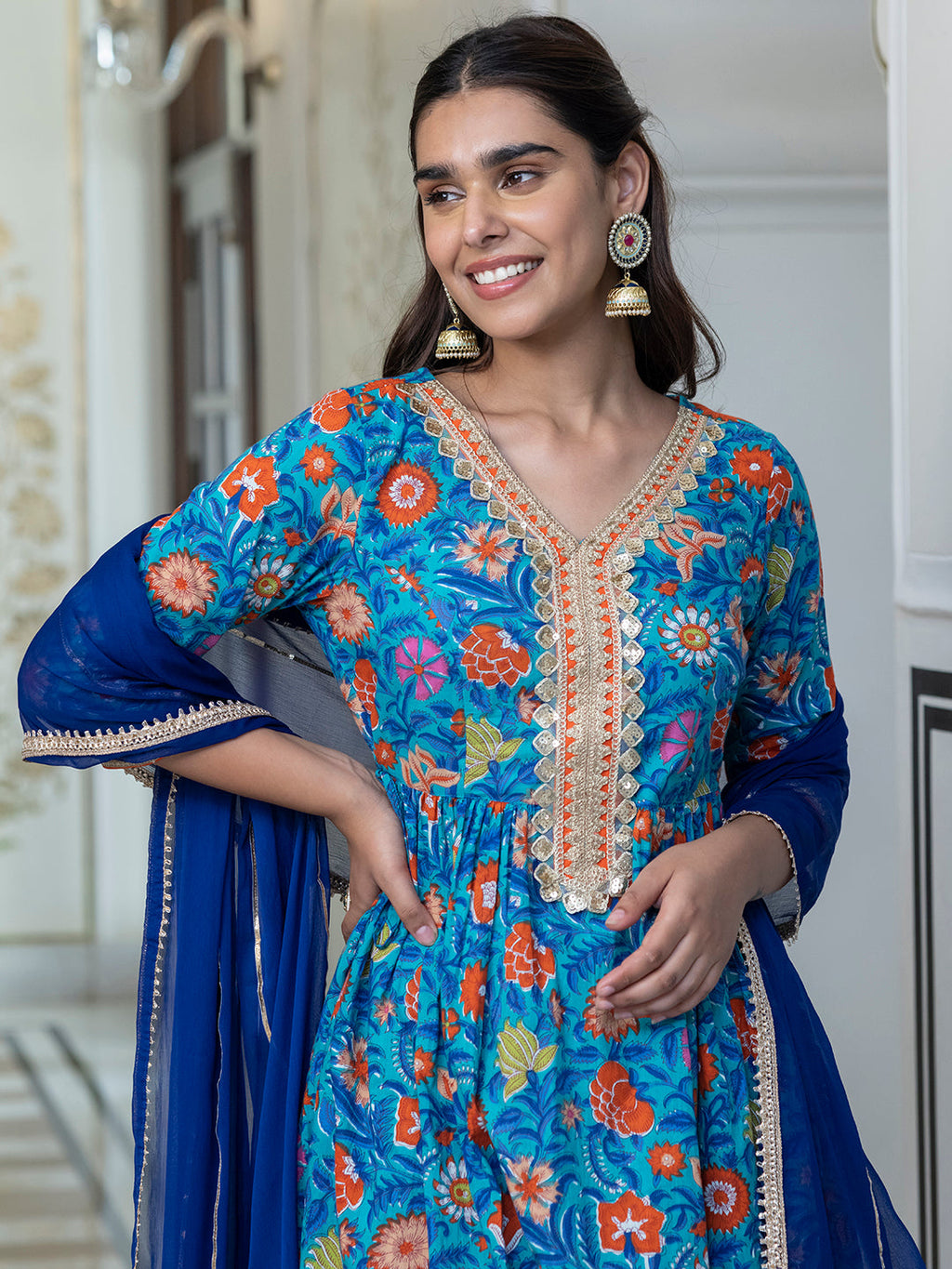 Janasya Women's Sky blue Cotton Embellished Ethnic Printed Festive Flared Kurta Set | Grocsy
