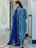 Janasya Women's Sky blue Cotton Embellished Ethnic Printed Festive Flared Kurta Set | Grocsy