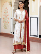 Janasya Women's White Cotton Embellished Floral Printed Festive Front Slit Kurta Set | Grocsy