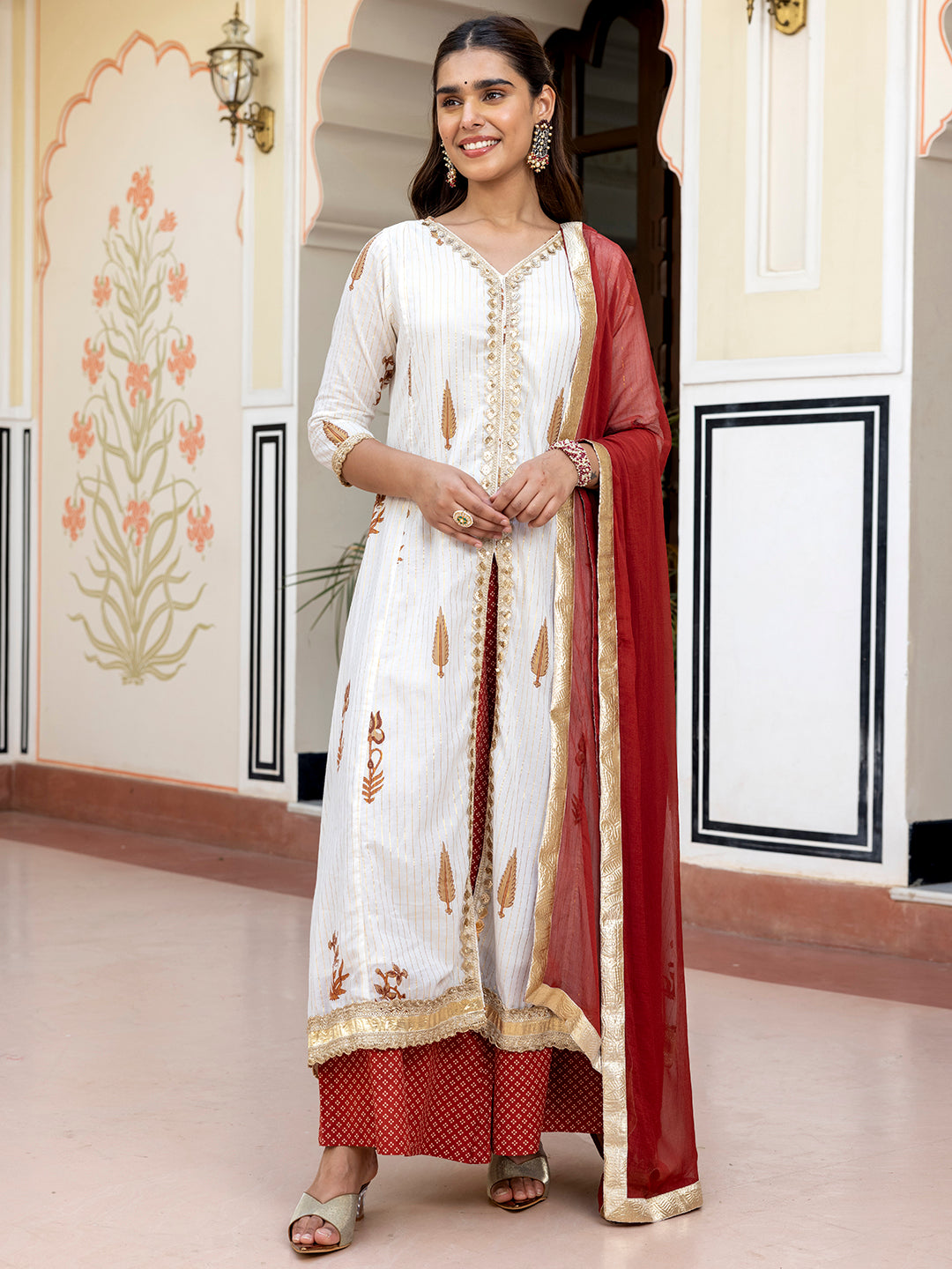 Janasya Women's White Cotton Embellished Floral Printed Festive Front Slit Kurta Set | Grocsy