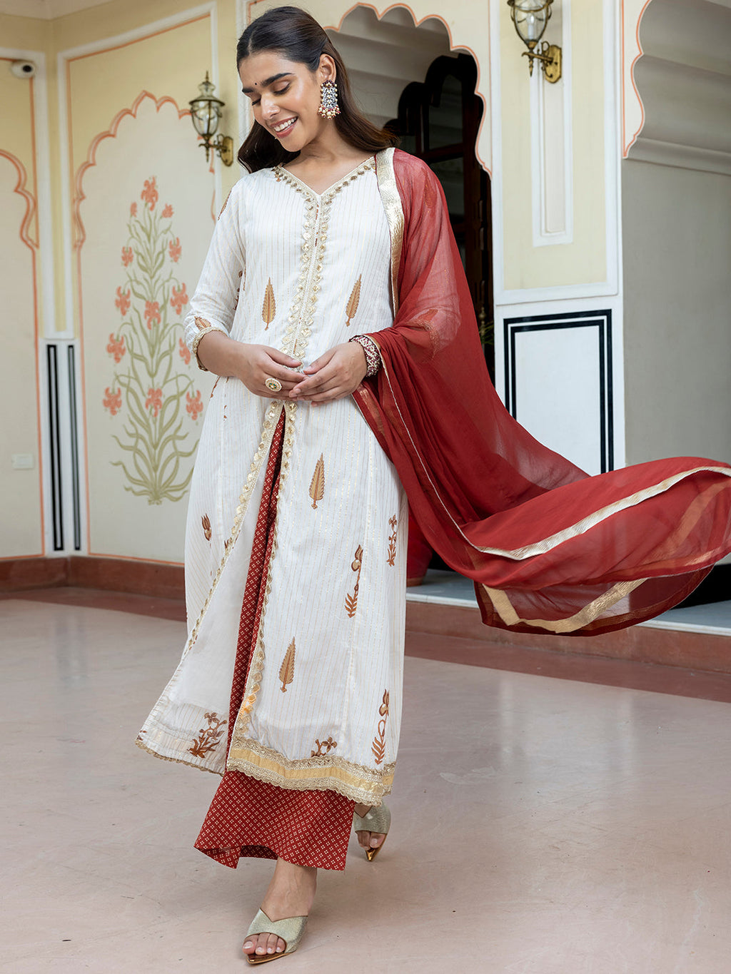 Janasya Women's White Cotton Embellished Floral Printed Festive Front Slit Kurta Set | Grocsy