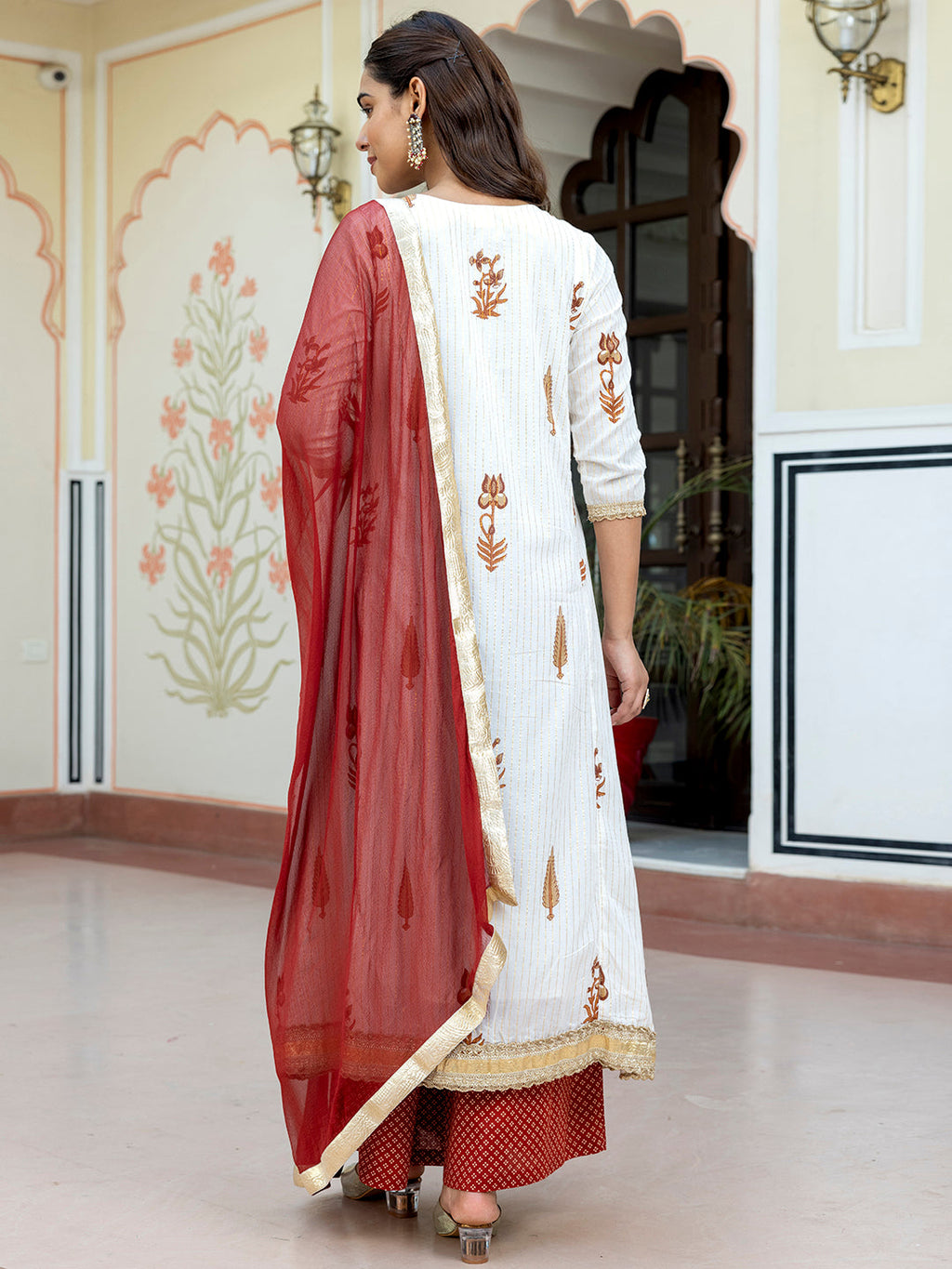 Janasya Women's White Cotton Embellished Floral Printed Festive Front Slit Kurta Set | Grocsy