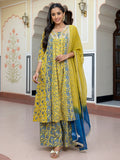 Janasya Women's Lime Green Cotton Embellished Ethnic Printed Festive Flared Kurta Set | Grocsy