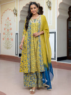 Janasya Women's Lime Green Cotton Embellished Ethnic Printed Festive Flared Kurta Set | Grocsy