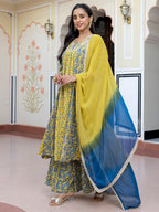 Janasya Women's Lime Green Cotton Embellished Ethnic Printed Festive Flared Kurta Set | Grocsy