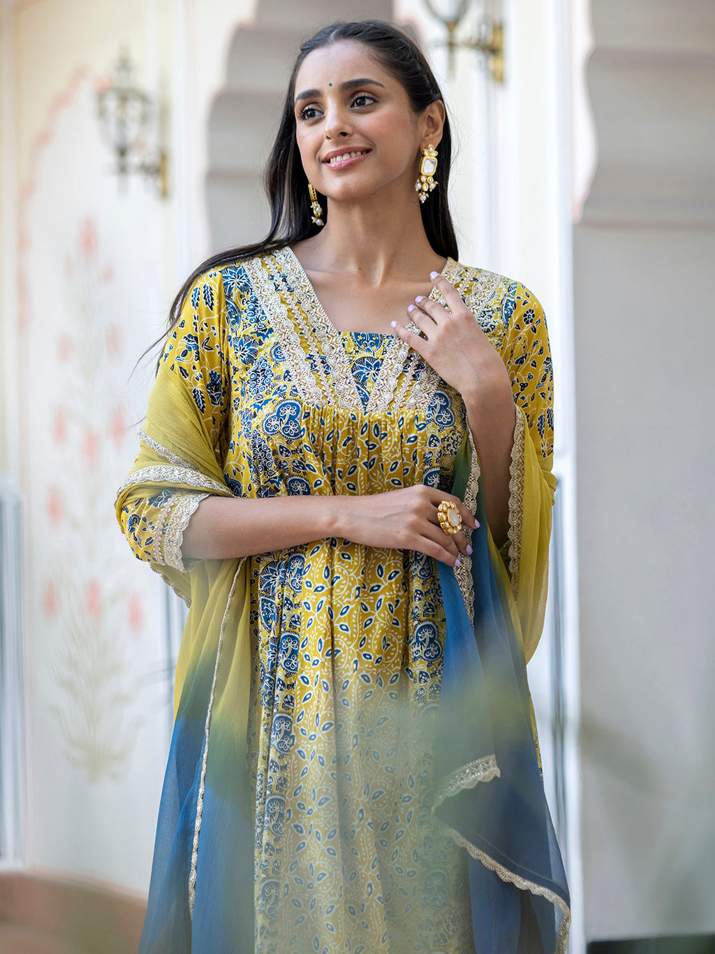 Janasya Women's Lime Green Cotton Embellished Ethnic Printed Festive Flared Kurta Set | Grocsy