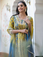 Janasya Women's Lime Green Cotton Embellished Ethnic Printed Festive Flared Kurta Set | Grocsy