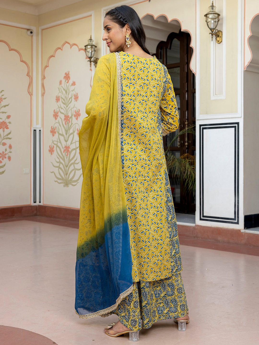 Janasya Women's Lime Green Cotton Embellished Ethnic Printed Festive Flared Kurta Set | Grocsy