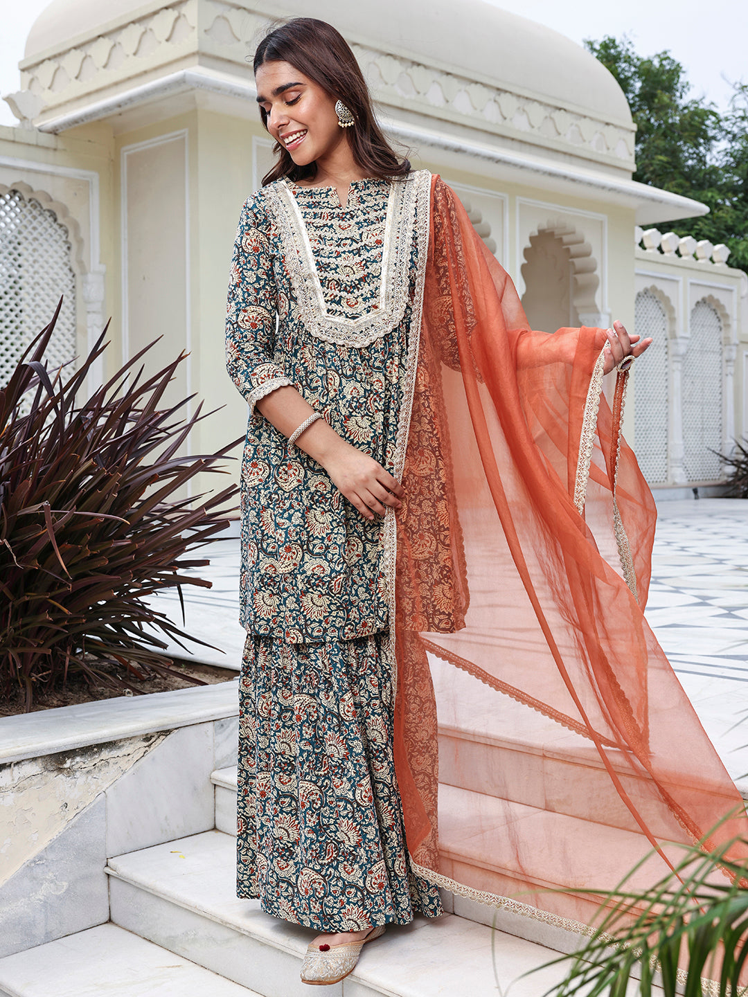 Janasya Women's Teal Blue Cotton Embellished Festive Flared Short Kurta Set | Grocsy