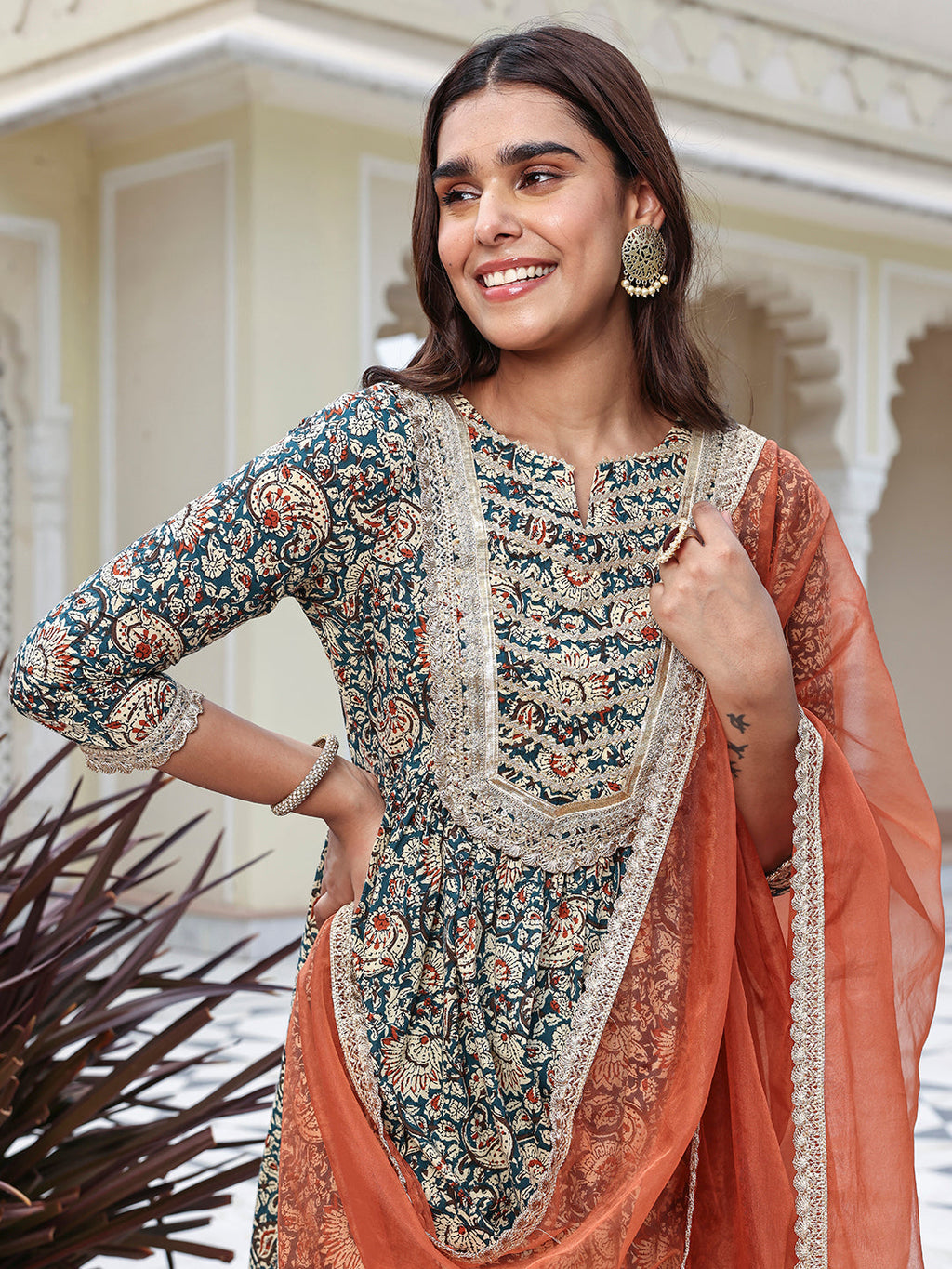 Janasya Women's Teal Blue Cotton Embellished Festive Flared Short Kurta Set | Grocsy