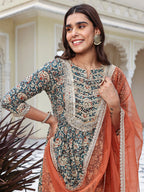 Janasya Women's Teal Blue Cotton Embellished Festive Flared Short Kurta Set | Grocsy