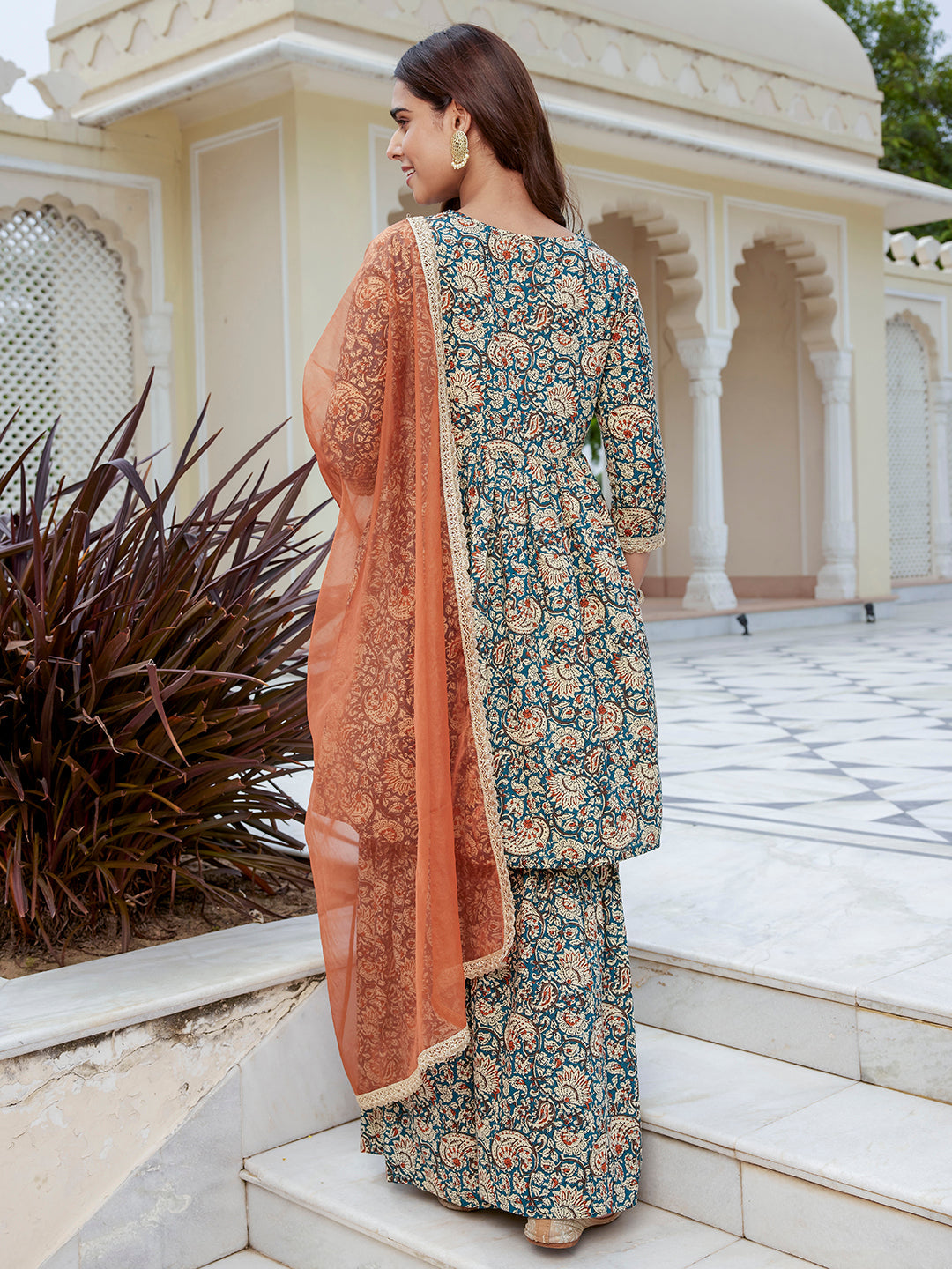 Janasya Women's Teal Blue Cotton Embellished Festive Flared Short Kurta Set | Grocsy