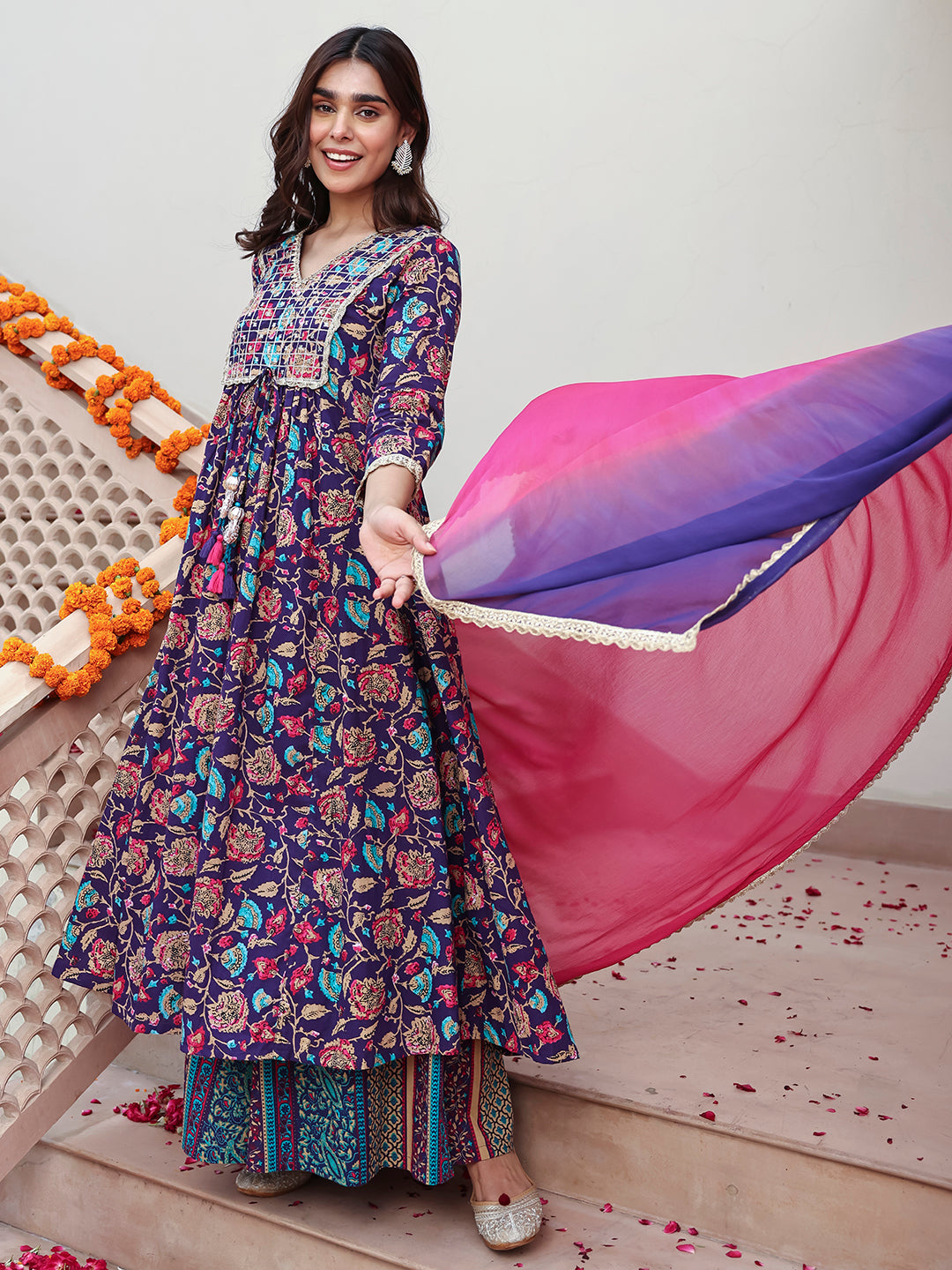 Janasya Women's Purple Cotton Embellished Ethnic Printed Festive A-line Kurta Set | Grocsy
