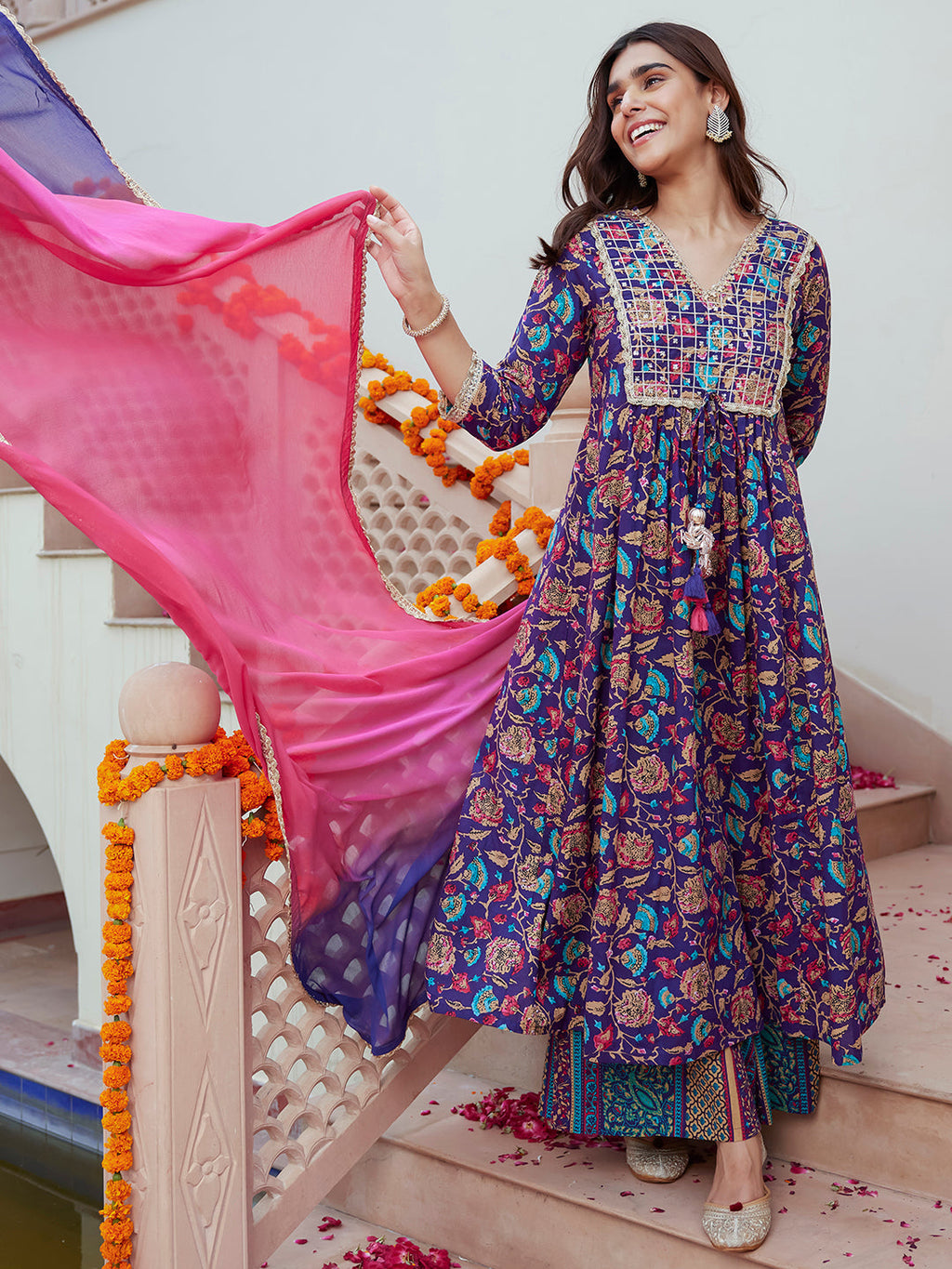 Janasya Women's Purple Cotton Embellished Ethnic Printed Festive A-line Kurta Set | Grocsy