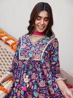 Janasya Women's Purple Cotton Embellished Ethnic Printed Festive A-line Kurta Set | Grocsy