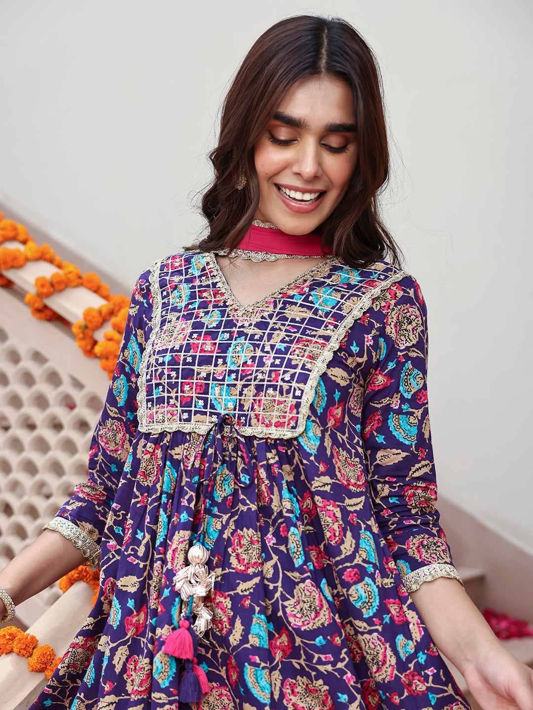 Janasya Women's Purple Cotton Embellished Ethnic Printed Festive A-line Kurta Set | Grocsy