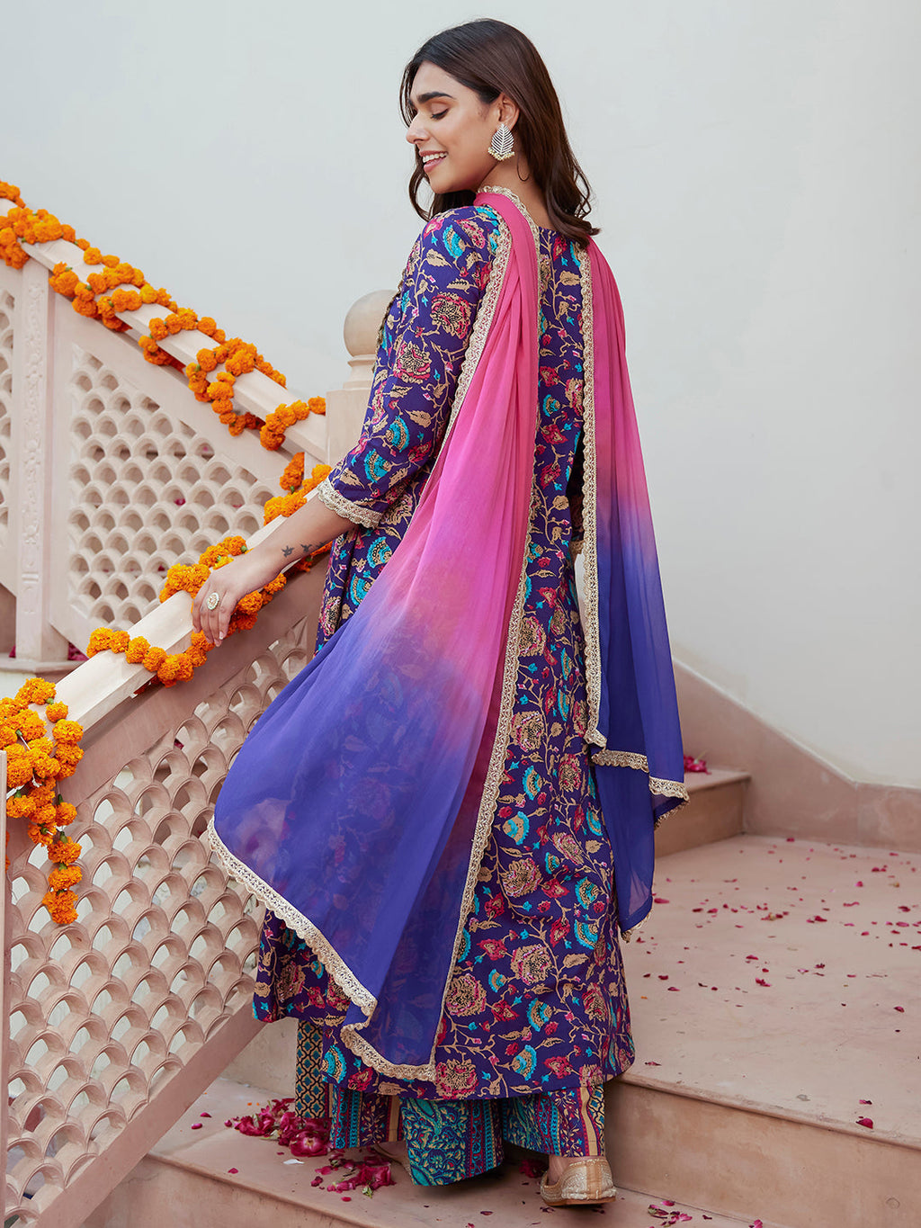 Janasya Women's Purple Cotton Embellished Ethnic Printed Festive A-line Kurta Set | Grocsy