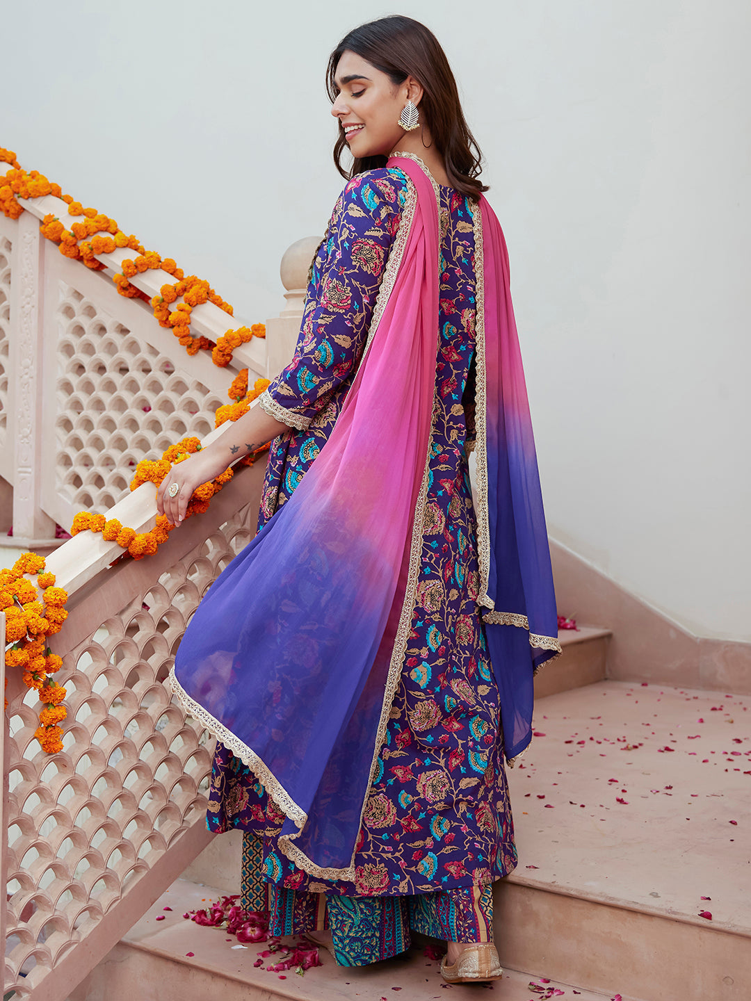 Janasya Women's Purple Cotton Embellished Ethnic Printed Festive A-line Kurta Set | Grocsy