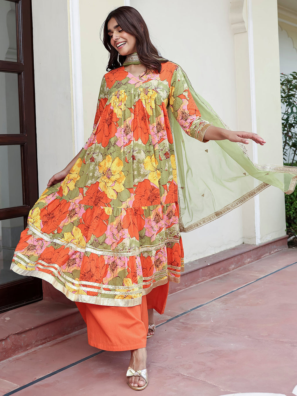Janasya Women's Multicolor Cotton Floral Printed Festive Flared Kurta Set | Grocsy