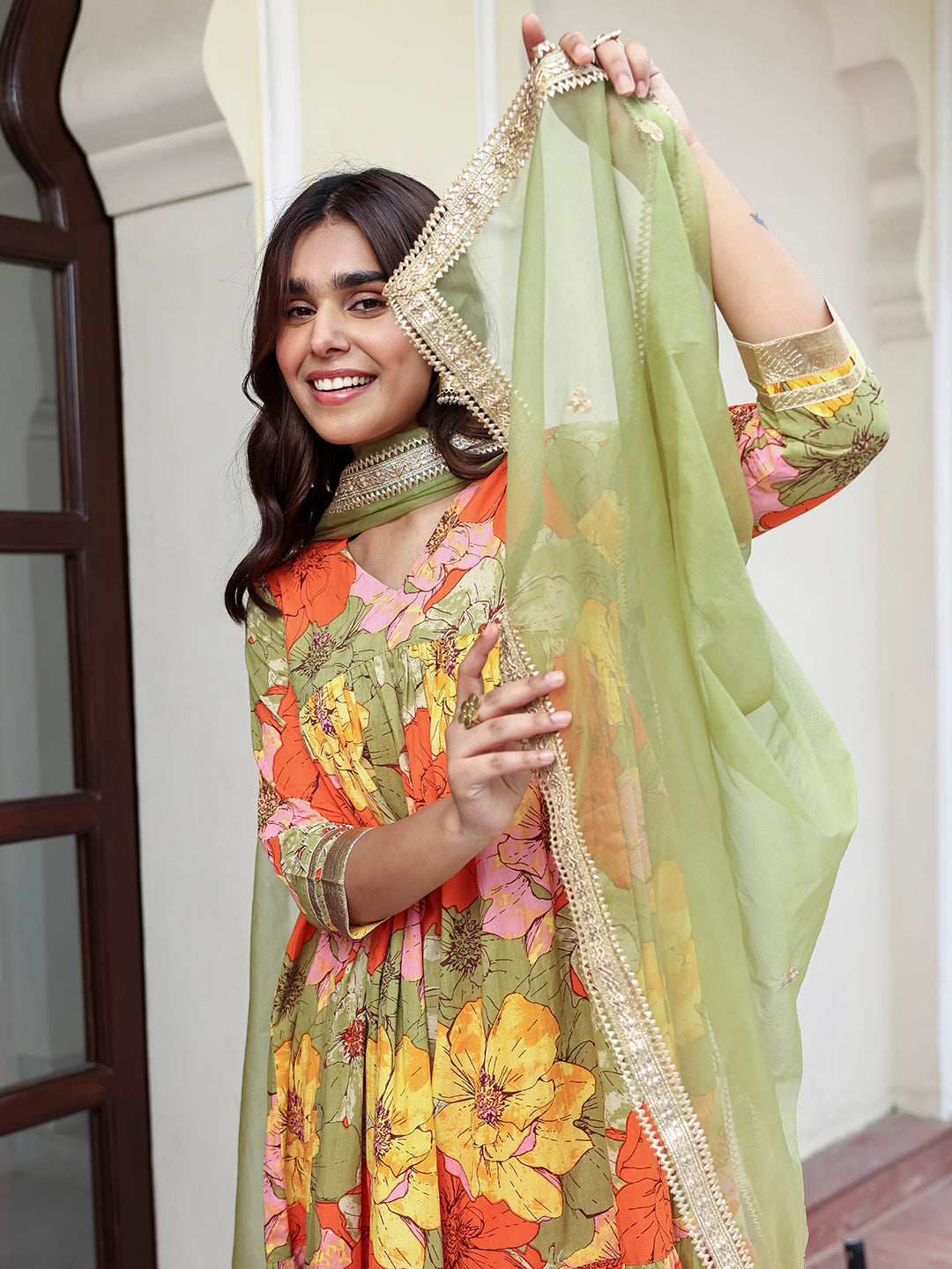 Janasya Women's Multicolor Cotton Floral Printed Festive Flared Kurta Set | Grocsy