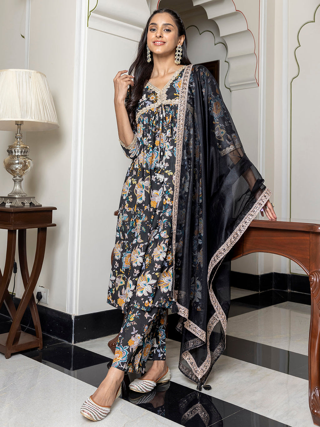 Janasya Women's Black Cotton Embellished Festive Empire Kurta Set | Grocsy